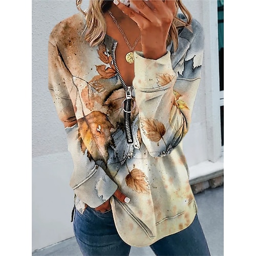 

Women's Sweatshirt Zip Hoodie Sweatshirt Pullover Basic Sportswear Ethnic Patchwork Zipper Half Zip Blue Khaki Flower Loose Fit Casual Half Zip Long Sleeve / Print