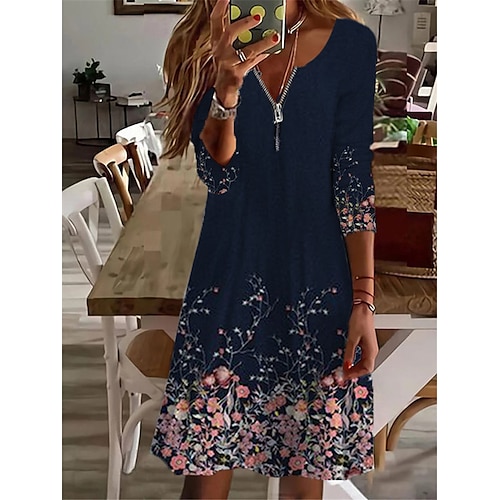 

Women's Casual Dress Shift Dress Knee Length Dress Navy Blue Long Sleeve Floral Zipper Print Fall Winter V Neck Vacation Casual 2022 S M L XL 2XL 3XL 4XL 5XL 6XL