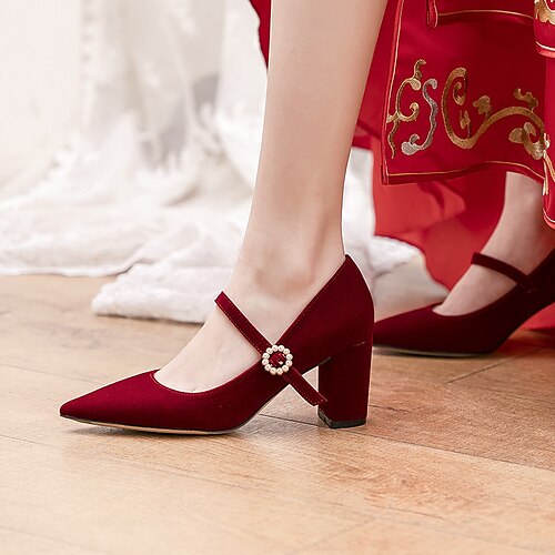 

Women's Heels Office Daily Plus Size Wedding Heels Bridal Shoes Pearl Chunky Heel Pointed Toe Elegant Minimalism Satin Buckle Solid Colored Burgundy White