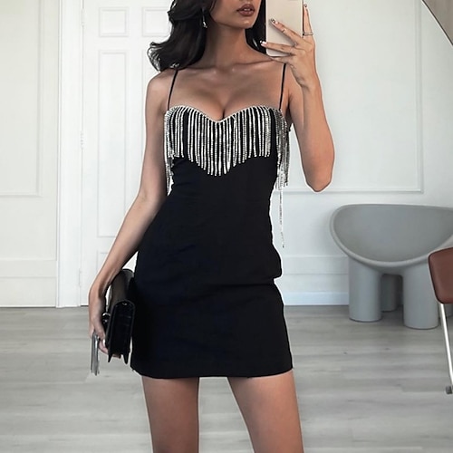 

Women's Party Dress Fringe Dress Short Mini Dress Black Sleeveless Pure Color Tassel Fringe Fall Winter V Neck Spaghetti Strap Fashion Party Party 2022 S M L