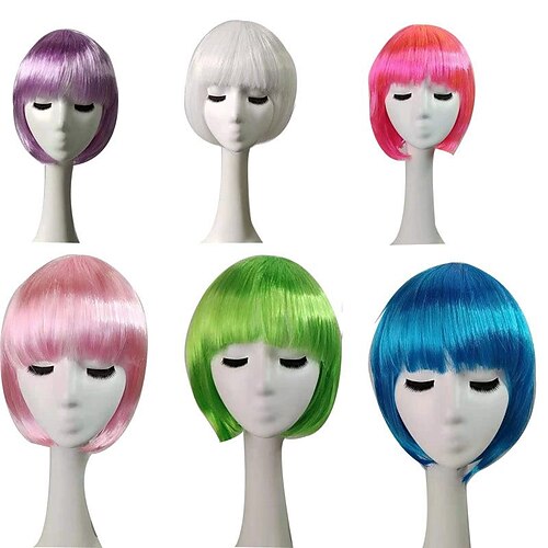 

Cosplay Wig Straight Bob Wig 12 inch 6 PCS Color Synthetic Hair Kids Girls Woman Anime Cute Cosplay Pink Blue Purple