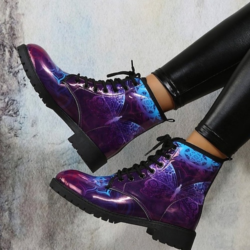 

Women's Boots Combat Boots Booties Ankle Boots Winter Lace-up Block Heel Round Toe PU Leather Lace-up 3D Purple