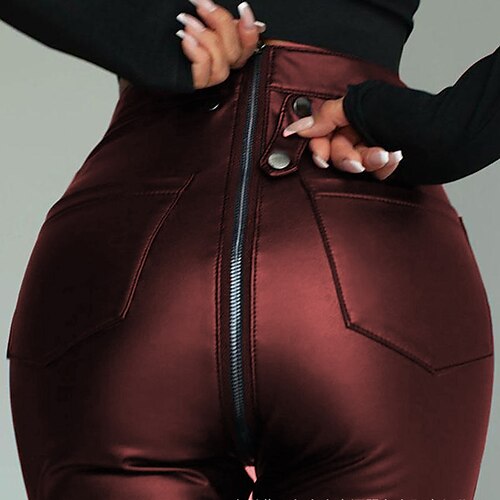 

Women's Skinny Pants Trousers Faux Leather Dark Brown Matt black Burgundy High Waist Fashion Casual Weekend Pocket Micro-elastic Ankle-Length Tummy Control Plain S M L XL / Slim