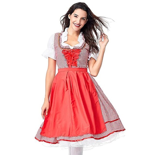 

Oktoberfest Beer International Beer Festival Dirndl Trachtenkleider Women's Dress Apron Bavarian Costume red with white