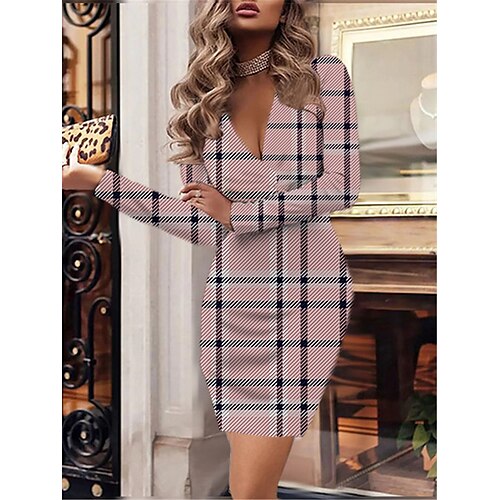 

Damen Bodycon Etuikleid Modernes Kleid Minikleid Rosa Blau Langarm Plaid Bedruckt Winter Herbst V Ausschnitt Modisch winterkleider damen herbstkleider Schlank 2023 XS S M L XL 2XL 3XL 4XL 5XL 6XL