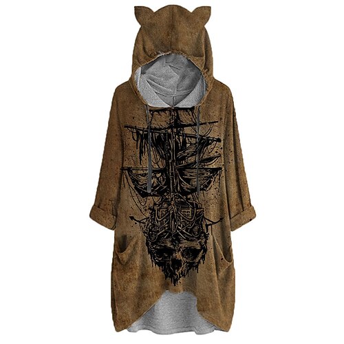

Women's Hoodie Dress Shift Dress Short Mini Dress Yellow Long Sleeve Skull Pocket Print Fall Winter Hooded Vacation Casual 2022 S M L XL XXL 3XL