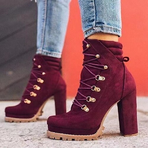 

Women's Boots Plus Size Heel Boots Booties Ankle Boots Winter Chunky Heel Round Toe Suede Lace-up Camel Wine Black