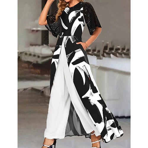 

Women's Jumpsuit Print Crew Neck Business Office Work Straight Regular Fit Half Sleeve White S M L Winter