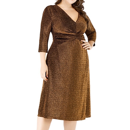 

Women's Plus Size Party Dress Solid Color V Neck 3/4 Length Sleeve Fall Winter Stylish Prom Dress Knee Length Dress Party Date Dress / Sequin Dress