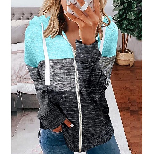 

Women's Hoodie Sweatshirt Pullover Basic Zip Up Green Blue Gray Color Block Street Hoodie Long Sleeve S M L XL 2XL