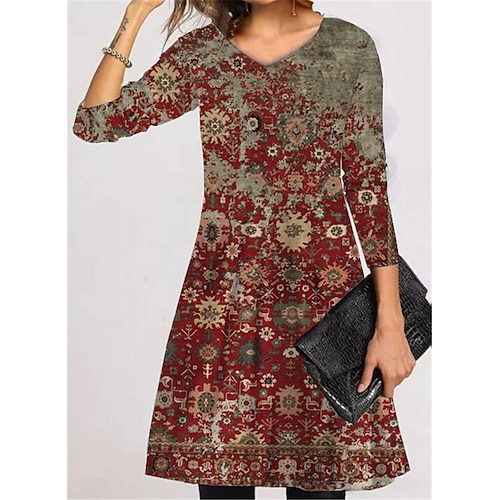 

Women's Casual Dress T Shirt Dress Tee Dress Short Mini Dress Wine Long Sleeve Floral Pocket Print Fall Winter V Neck Vacation Casual 2022 S M L XL XXL 3XL