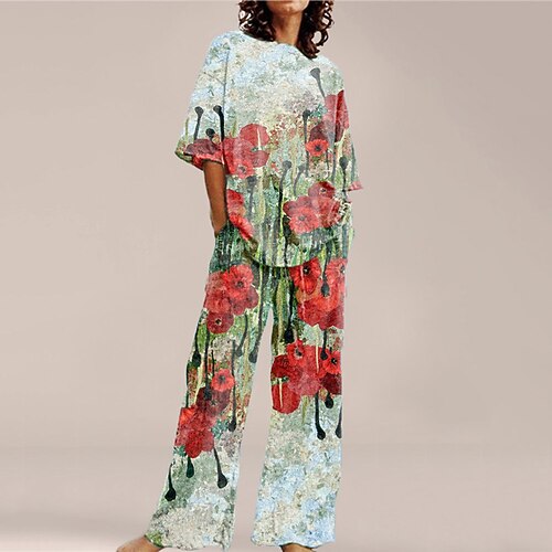 

Women's Loungewear Sets 2 Pieces Flower Fashion Comfort Home Street Cotton Spandex Jersey Crew Neck Short Sleeve T shirt Tee Pant Fall Spring Green