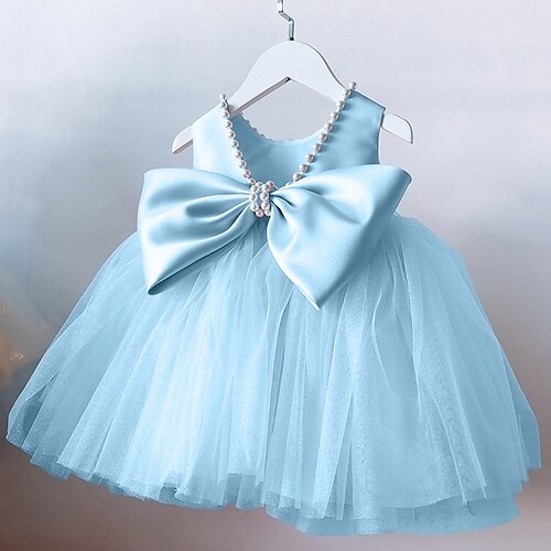 

Wedding Party Birthday Princess Flower Girl Dresses Jewel Neck Knee Length Tulle with Bow(s) Pearls Tutu Cute Girls' Party Dress Fit 3-16 Years