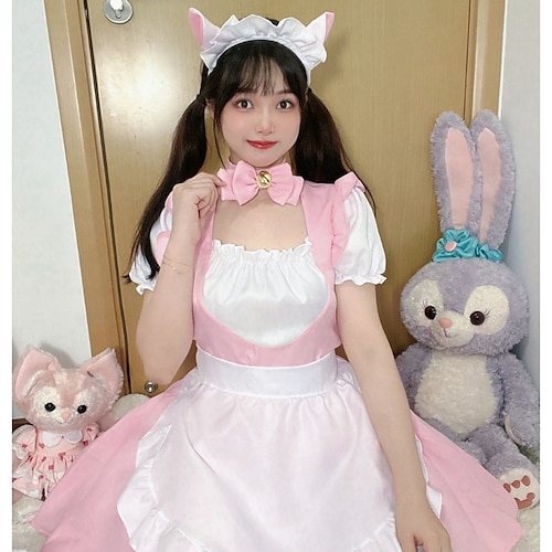 

Lolita Maid Sweet Lolita Maid Uniforms Lolita Dress Cosplay Costume Japanese Cosplay Costumes Rosy Pink Solid Color Short Sleeve / Apron