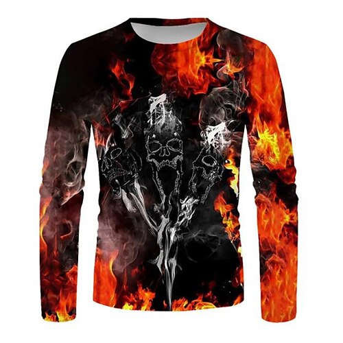 

Men's Unisex T shirt Tee Skull Graphic Prints Flame Crew Neck Orange 3D Print Outdoor Street Long Sleeve Print Clothing Apparel Basic Sports Designer Casual