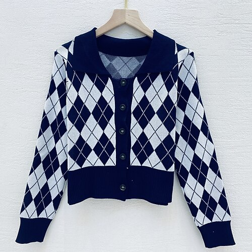 

Women's Cardigan Sweater Jumper Ribbed Knit Button Knitted Argyle Shirt Collar Stylish Casual Outdoor Daily Winter Fall Red Brown Royal Blue One-Size / Long Sleeve / Regular Fit / Going out