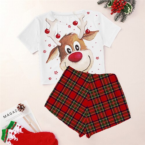 

Women's ChristmasPjs Plus Size Pajamas Sets 2 Pieces Elk Grid / Plaid Fashion Comfort Soft Home Carnival Cotton Spandex Jersey Breathable Gift Crew Neck Short Sleeve T shirt Tee Shorts