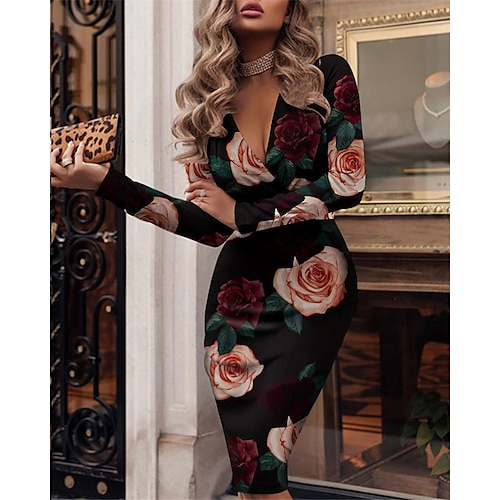 

Women's Bodycon Modern Dress Knee Length Dress Black And White White Yellow Long Sleeve Leopard Ruched Winter Fall Autumn V Neck Fashion Winter Dress Fall Dress 2023 S M L XL 2XL