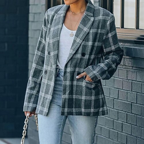 

Women's Blazer Windproof Warm Outdoor Office Work Going out Pocket Double Breasted Turndown OL Style Elegant Modern Office / career Stripes and Plaid Regular Fit Outerwear Long Sleeve Winter Fall Gray