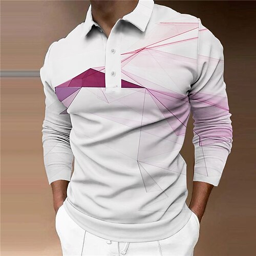 

Men's Collar Polo Shirt Golf Shirt Geometry Turndown Purple 3D Print Street Casual Long Sleeve Button-Down Print Clothing Apparel Fashion Designer Casual Breathable