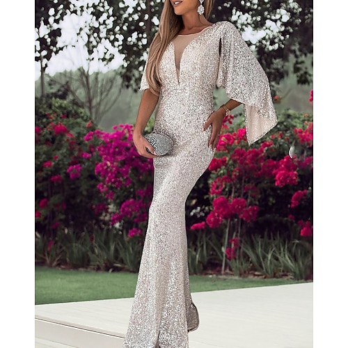 

Women's Party Dress Sequin Dress Long Dress Maxi Dress Silver Half Sleeve Pure Color Sequins Winter Autumn Deep V Modern Spring Dress 2023 S M L XL XXL