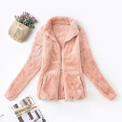 

Women's Teddy Coat Windproof Warm Outdoor Daily Going out Zipper Pocket Zipper Stand Collar Modern Street Style Plush Solid Color Regular Fit Outerwear Long Sleeve Winter Fall Black Blue Pink S M L XL