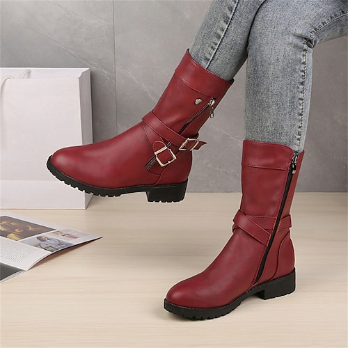 

Women's Boots Outdoor Daily Combat Boots Mid Calf Boots Winter Buckle Low Heel Round Toe Casual Industrial Style PU Leather Zipper Solid Colored Black Burgundy