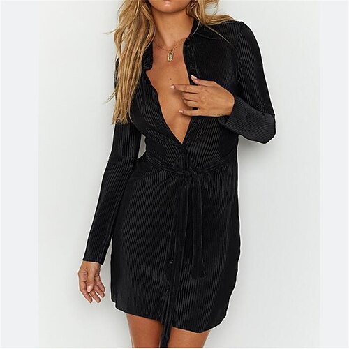 

Women's Shirt Dress Shift Dress Short Mini Dress Black Beige Long Sleeve Pure Color With Belt Fall Winter Shirt Collar Stylish Modern 2022 S M L XL