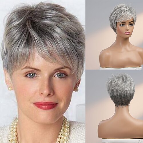 

Human Hair Blend Wig Short Natural Straight Pixie Cut Side Part Layered Haircut Asymmetrical Blonde White Silver Cosplay Curler & straightener Natural Hairline Capless Brazilian Hair Women's All