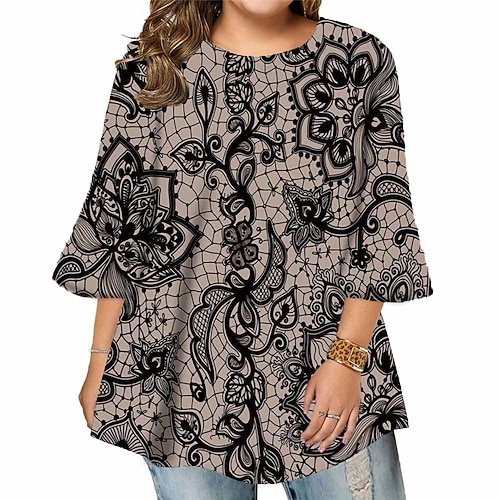 

Women's Plus Size Tops Blouse Shirt Floral Print 3/4 Length Sleeve Crewneck Casual Daily Holiday Cotton Spandex Jersey Fall Winter khaki Black