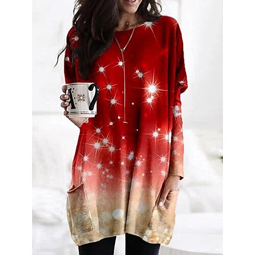 

Women's T shirt Tee Green Khaki Red Color Block Pocket Long Sleeve Christmas Casual Basic Christmas Round Neck Regular S