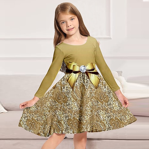 

Kids Girls' Dress Graphic Swing Dress Above Knee Dress Daily Print Long Sleeve Cute Dress 3-10 Years Winter Gold