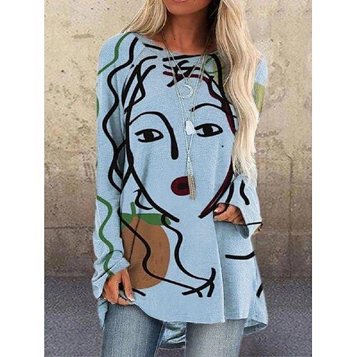 

Women's T shirt Tee White Blue Gray Graphic Print Long Sleeve Casual Daily Basic Round Neck Regular Floral S / 3D Print