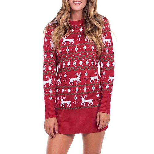 

damen weihnachten pullover kleid winterkleid etuikleid kurz minikleid rot langarm elch schneeflocke strick bedruckt herbst winter rundhals rollkragen mode modern 2022 s m l xl