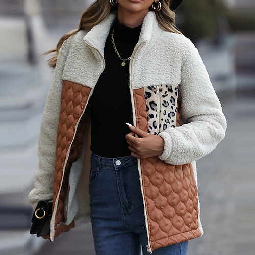 

Women's Sherpa jacket Windproof Warm Outdoor Street Daily Vacation Zipper Pocket Zipper Lapel Casual Street Style Leopard Regular Fit Outerwear Long Sleeve Winter Fall Brown S M L XL