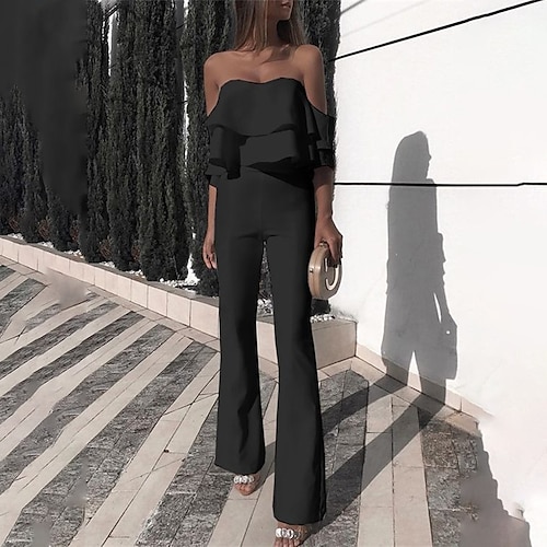 

Women's Jumpsuit Ruffle Backless Solid Color Strapless Ordinary Party Street Regular Fit Short Sleeve Black S M L Winter