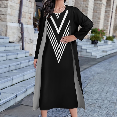 

Women's Dress Set Two Piece Dress Long Dress Maxi Dress Black and white stripes Long Sleeve Color Block Print Winter Fall Crew Neck Vacation Winter Dress Weekend Fall Dress Loose Fit 2023 S M L XL