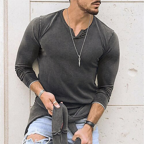 

Men's T shirt Tee Solid Colored V Neck Dark Gray Street Daily Long Sleeve Clothing Apparel Fashion Designer Casual Comfortable / Sports