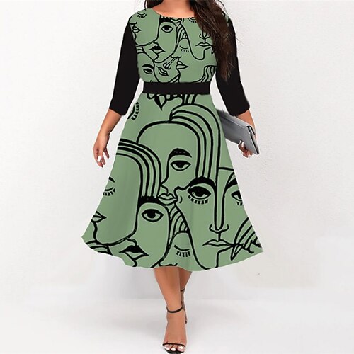 

Women's Plus Size Work Dress Abstract Crew Neck 3/4 Length Sleeve Fall Winter Work Elegant Midi Dress Formal Going out Dress