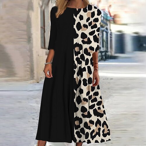 

Women's Casual Dress Shift Dress Midi Dress Black Yellow Khaki 3/4 Length Sleeve Leopard Ruched Winter Fall 2022 S M L XL XXL 3XL