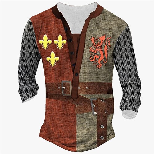 

Men's T shirt Tee Henley Shirt Tee Graphic Color Block Henley Red Long Sleeve 3D Print Plus Size Outdoor Daily Button-Down Print Tops Basic Designer Classic Comfortable / Sports