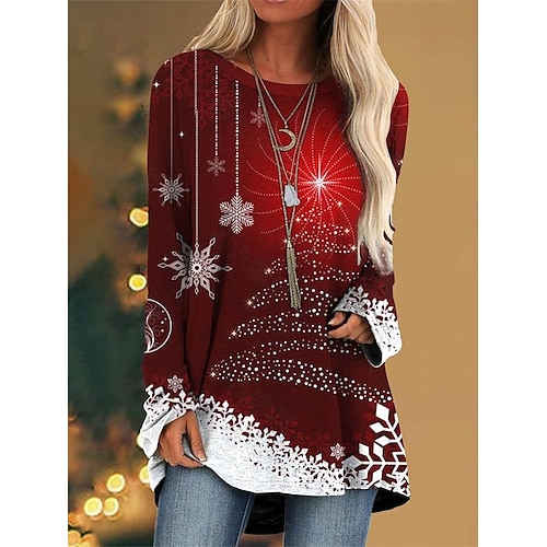 

Women's Blouse Shirt Green Black Light Green Santa Claus Christmas Tree Print Long Sleeve Christmas Weekend Streetwear Casual Round Neck Long S