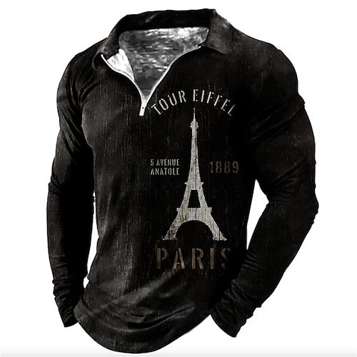 

Men's Collar Polo Shirt Golf Shirt Letter Eiffel Tower Turndown Blue Black 3D Print Outdoor Street Long Sleeve Zipper Print Clothing Apparel Fashion Designer Casual Breathable