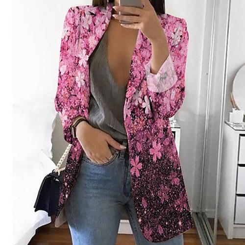 

Women's Blazer Breathable Comfortable Office Work Office / Career Vacation Print Open Front Turndown OL Style Elegant Modern Office / career Floral Regular Fit Outerwear Long Sleeve Winter Fall Pink