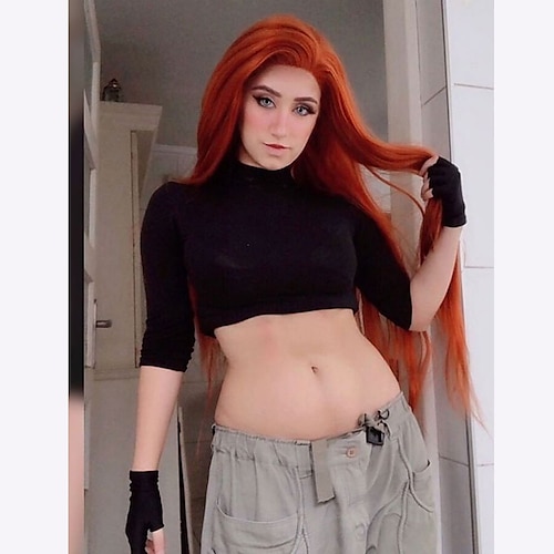 

Kim Possible Long Straight Yaki Reddish Orange Synthetic Hair Wig Halloween Cosplay Party Wigs
