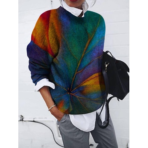 

Women's Shirt Green Leaves Print Long Sleeve Casual Streetwear Round Neck Regular Floral S / 3D Print