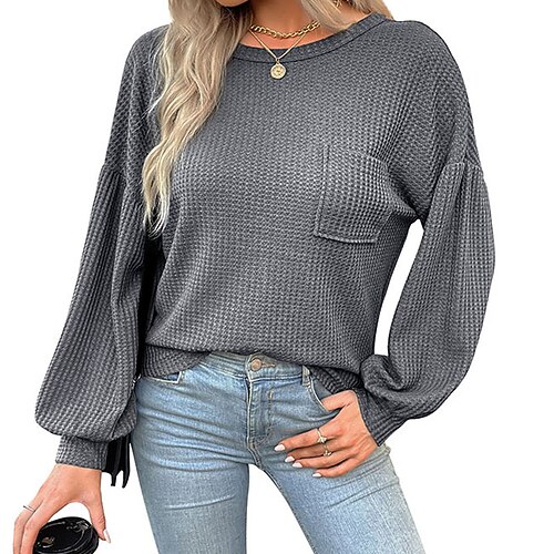 

Women's Pullover Sweater Jumper Waffle Knit Pocket Knitted Pure Color Crew Neck Stylish Casual Daily Holiday Fall Winter Dark Gray S M L / Long Sleeve