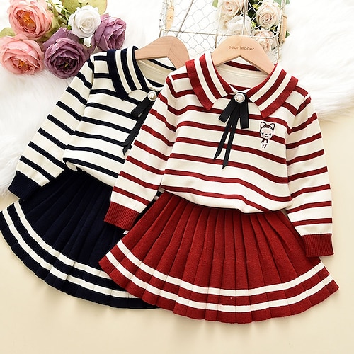 

Kids Toddler Girls' SkirtSet Clothing Set 2 Pieces Long Sleeve Black Red Fox Stripe Pleated Bow School Daily Preppy Style Regular 3-8 Years