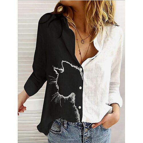 

Women's Blouse Shirt Wine White Color Block Cat Button Print Long Sleeve Streetwear Casual Shirt Collar Regular 3D Cat S
