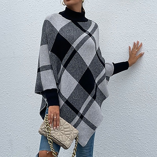 

Women's Poncho Sweater Jumper Ribbed Knit Tunic Knitted Plaid Turtleneck Stylish Casual Outdoor Daily Winter Fall Yellow Brown S M L / Long Sleeve / Regular Fit / Going out